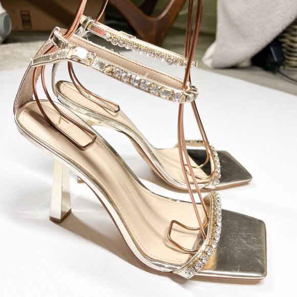 Marc Fisher Karima Heeled Rhinestone Straps Sandals Size 8.5 Gold - Picture 7 of 15